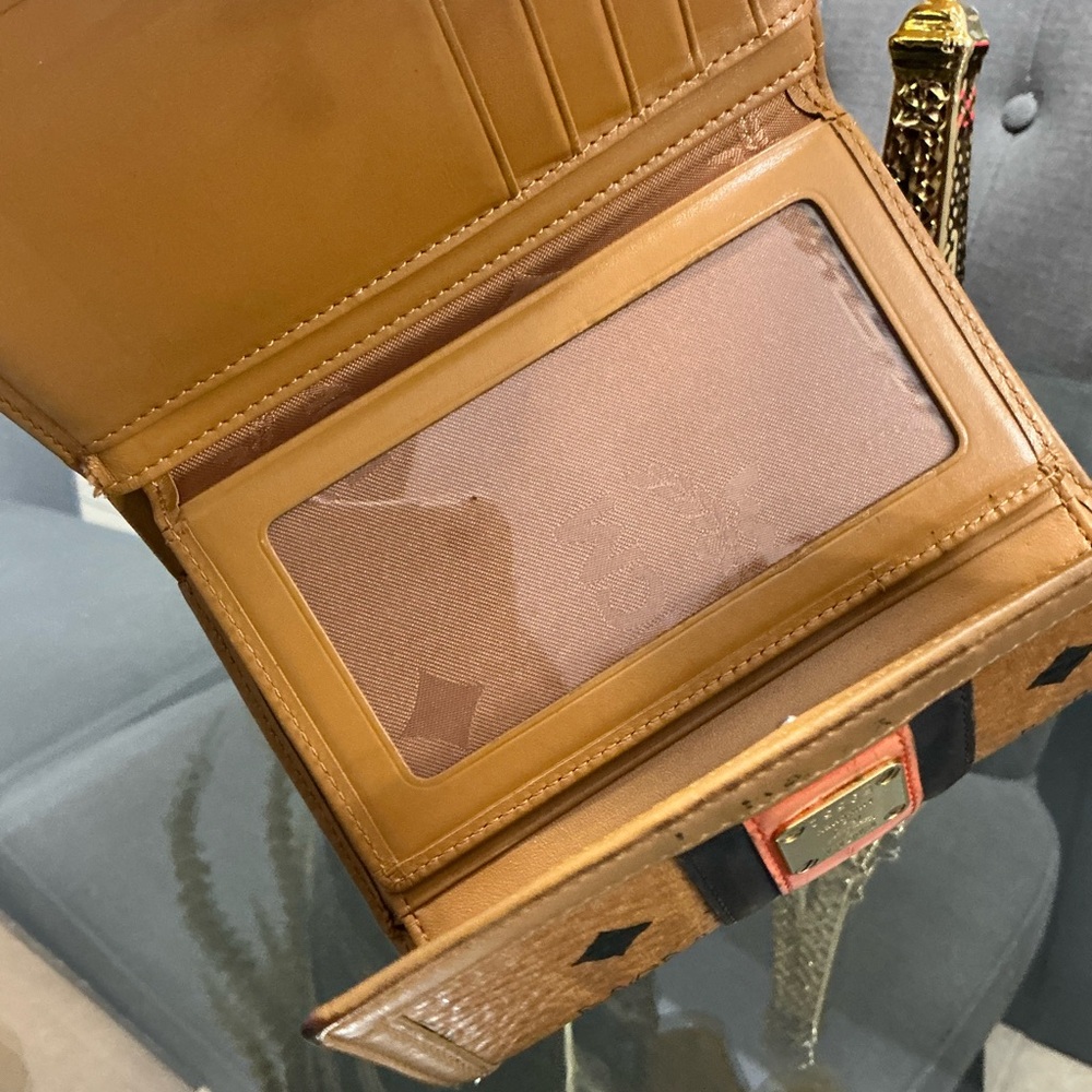 MCM Cognac Leather Trifold Wallet with Black and Coral Accent - Picture 4 of 5